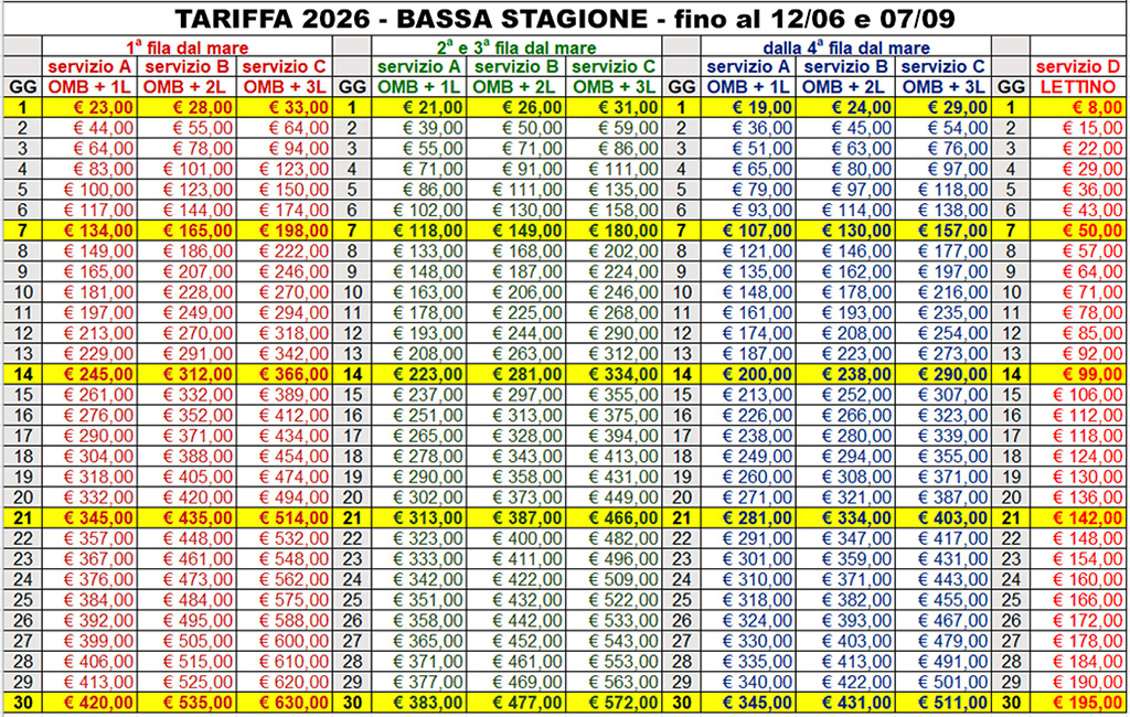 Listino 2026 - Bassa stagione